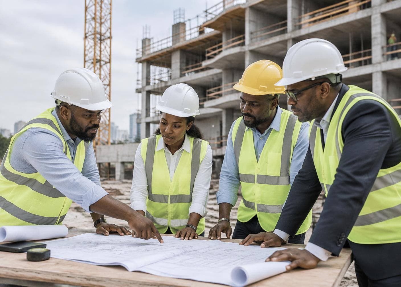 SCTID engineers and architects reviewing drawings on site in Kigali